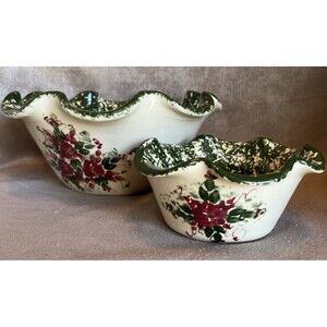 2 East Texas Pottery Floral Green Sponge Stoneware Serving Bowls Ruffled Rims